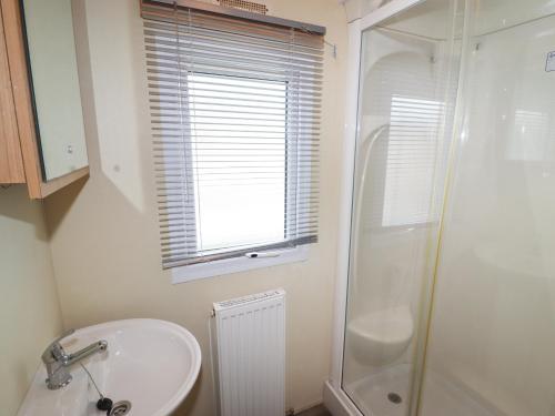 a bathroom with a sink and a shower at Berwyn View Holiday Home in Corwen