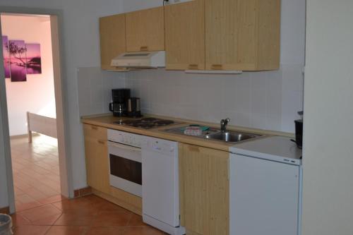 a kitchen with a sink and a stove top oven at Immensee App F in Ehst