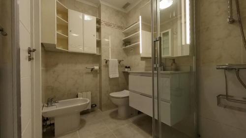 uma casa de banho com um WC, um lavatório e um chuveiro em Maravillosa ubicación junto al mar con garaje em Getxo