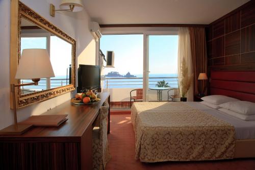 Habitación de hotel con cama y espejo en Hotel Palas, en Petrovac na Moru