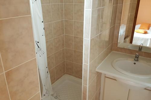 W łazience znajduje się prysznic i umywalka. w obiekcie Les charmes en périgord noir proche de Sarlat w mieście Paulin