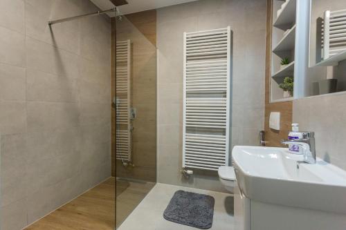 a bathroom with a shower and a sink and a toilet at Aparthotel Phoenix in Bjelašnica