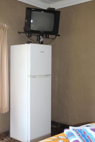 a television on top of a white refrigerator at Emahlathini Guest Farm in Piet Retief