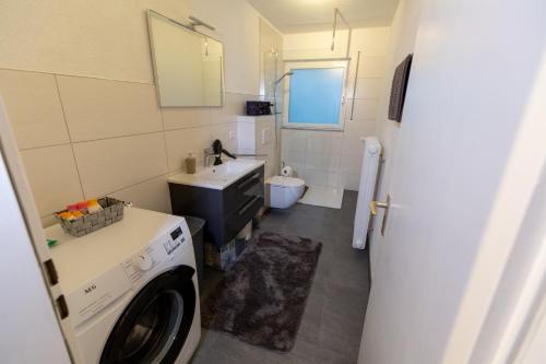 een badkamer met een wasmachine en een wastafel bij Apartment Dreiländereck in Rheinfelden