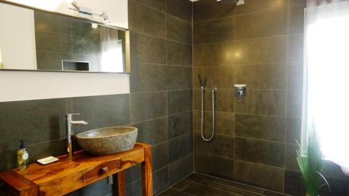 a bathroom with a sink and a shower at Carlotta Studio in Osterhever
