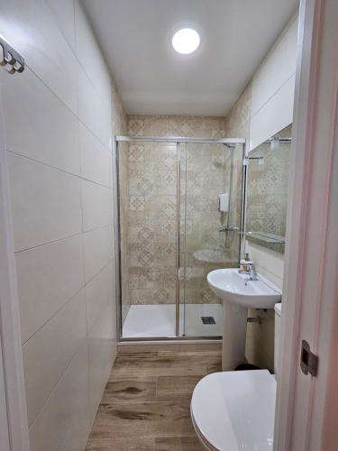 uma casa de banho com um chuveiro, um WC e um lavatório. em HOSTAL ANDREA GRANVIA em Madrid