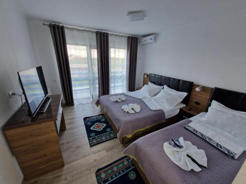 a hotel room with two beds and a television at Vila Flavius in Dunavăţu de Jos