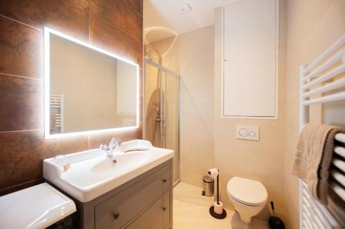 ein Badezimmer mit einem Waschbecken, einem WC und einem Spiegel in der Unterkunft Le Laurencin Sens - Le Peachy in Sens