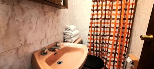 ein Bad mit einem Waschbecken und einem Duschvorhang in der Unterkunft Depto frente a la playa Av San Martin in Viña del Mar