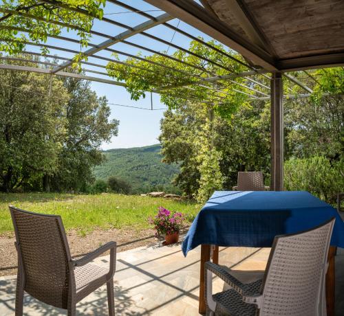a table and chairs on a patio with a view at Panama in Roccatederighi