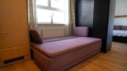 a pink couch in a room with a window at Garconniere in Niedernsill in Niedernsill