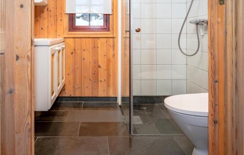La salle de bains est pourvue de toilettes et d'une douche. dans l'établissement Cozy Home In Lillehammer With Sauna, à Nordseter