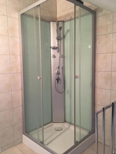 La salle de bains est pourvue d'une douche avec une porte en verre. dans l'établissement Gite du Château, à Guémar