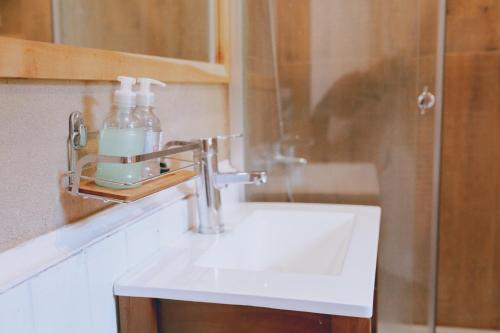 a bathroom sink with a soap dispenser on it at Equs Posada de Campo in San Carlos de Bariloche