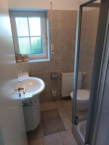 a bathroom with a sink and a toilet and a window at Idyllische Lage im Süden Erfurts in Erfurt