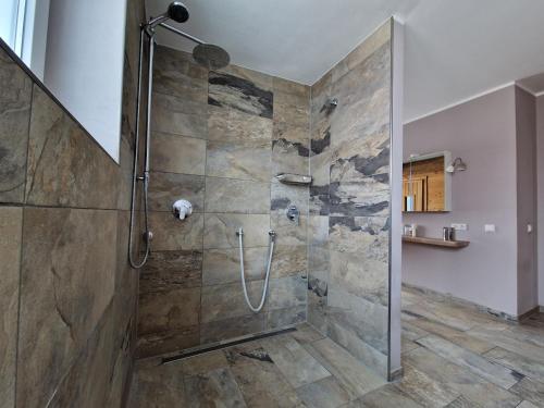 een douche met een glazen deur in de badkamer bij Wohnung mit Sauna, Garten & Schwimmteich in Bietigheim-Bissingen