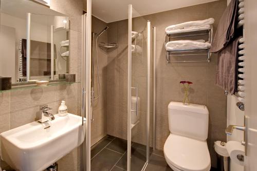 ツェルマットにあるFerienwohnung Bahari Zermattのバスルーム(トイレ、洗面台、シャワー付)