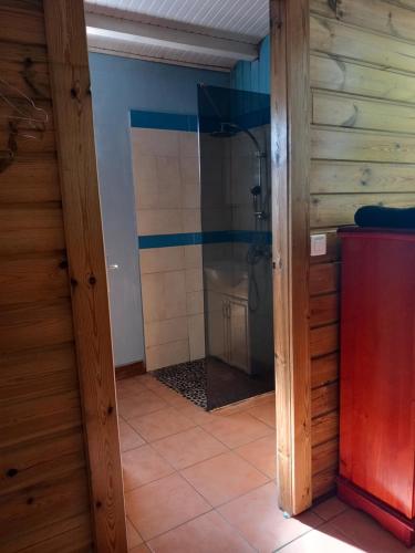 a bathroom with a shower with a glass door at studio dans un écrin vert in Saint-Claude