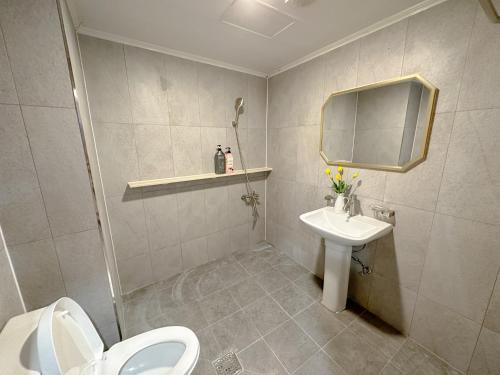 a bathroom with a toilet and a sink and a mirror at 8 Hotel in Seoul