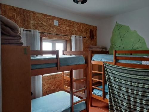 Hostel Nature في زامبوجيرا دو مار: غرفة بها ثلاثة أسرة بطابقين ونافذة