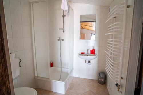 een witte badkamer met een douche en een wastafel bij VacationClub - Ski Lodge Szczyrk Pokój 4 in Szczyrk