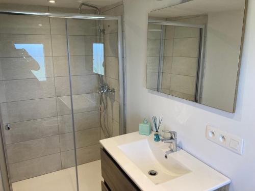 a bathroom with a shower and a sink and a mirror at Lovely Acacia in De Haan