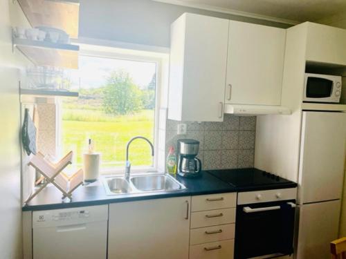 una pequeña cocina con fregadero y ventana en Bryggvingens Apartment 1, en Nösund