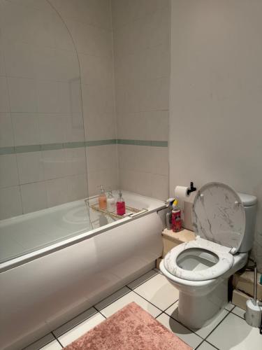 a bathroom with a toilet and a bath tub at Spacious Apartment with Balcony in Leicester