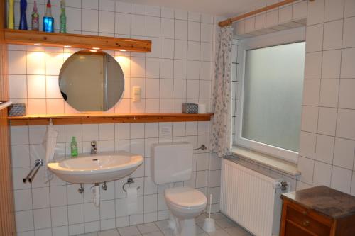 a bathroom with a sink and a toilet and a mirror at EG Inge in Katharinenheerd