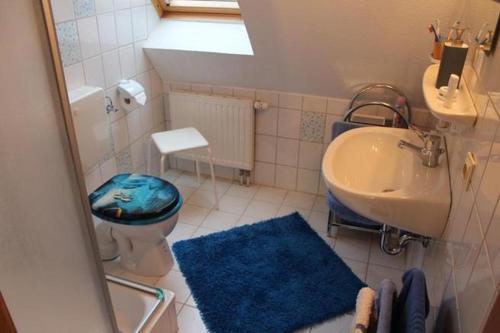 y baño con aseo azul y lavamanos. en Nordlicht, en Vollerwiek