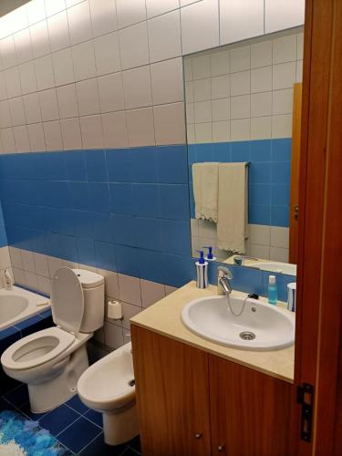 a bathroom with a toilet and a sink and a mirror at O Cantinho do Arnaldo in Viana do Castelo