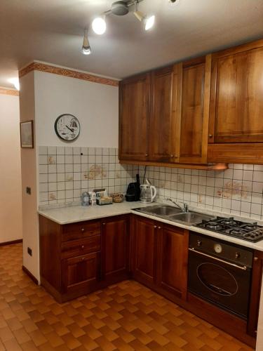 cocina con armarios de madera, fregadero y fogones en CIVICO 43 Interno 8, en Chiesa in Valmalenco