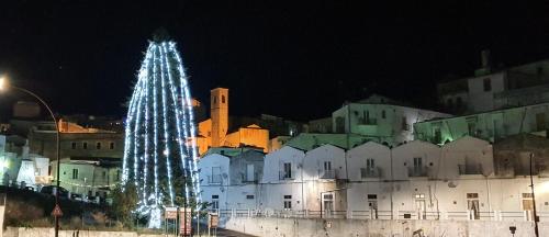 a christmas tree in front of a city at night at Casa Junno in Monte SantʼAngelo