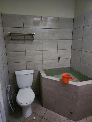 a bathroom with a toilet and a bath tub with a toilet bowl at Penginapan PIP Semarang in Jomblang