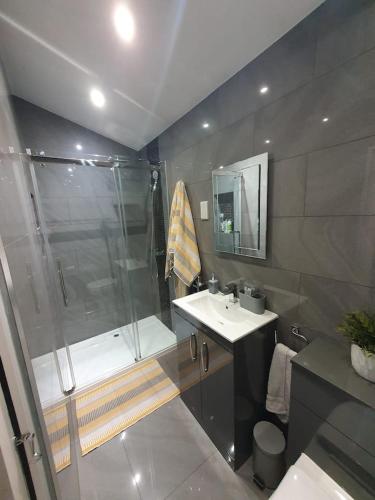 a bathroom with a shower and a sink at Lovely double room with en-suite bathroom in The Hyde