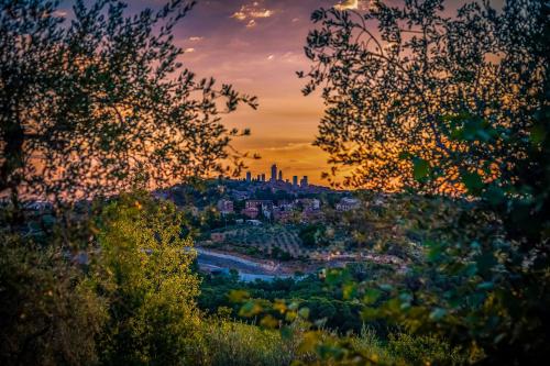 vista sulla città da una collina al tramonto di La Fornace Di Racciano a San Gimignano