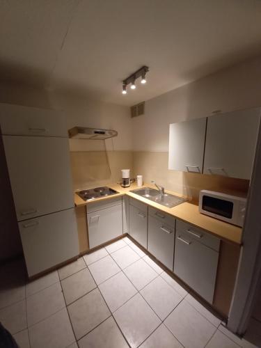 a small kitchen with a sink and a microwave at Ap5 Nature Ardennes Economy class apartment in La Calamine
