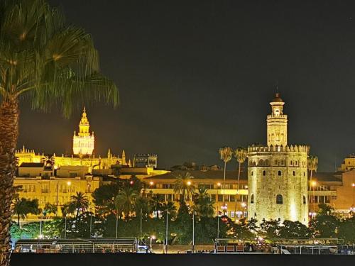 una ciudad con una torre de reloj y edificios por la noche en Betis del Oro, en Sevilla