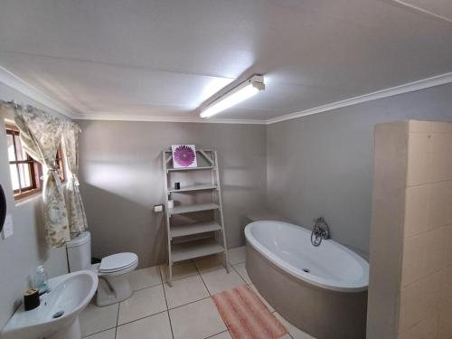 a bathroom with a tub and a toilet and a sink at Woodhills Guest house in Piet Retief
