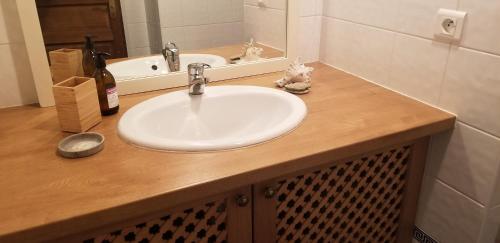 eine Badezimmertheke mit einem Waschbecken und einem Spiegel in der Unterkunft Gîte de charme en pleine nature in Saint-Jean-la-Poterie