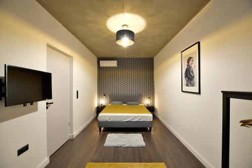 ブダペストにあるNew Faces Design Apartment in Downtownのベッドと薄型テレビのある寝室