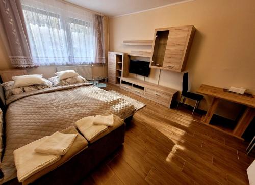 una camera con un grande letto e una televisione di Mádi Rezidencia a Budapest