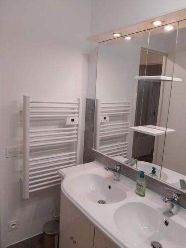 une salle de bain avec un lavabo et un miroir dans l'établissement Appartement résidence Les Dryades avec vue montagne, à Gérardmer