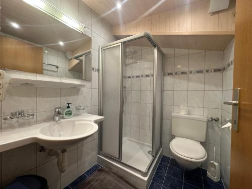 a bathroom with a shower and a toilet and a sink at Haus Ausserbach in Gaschurn