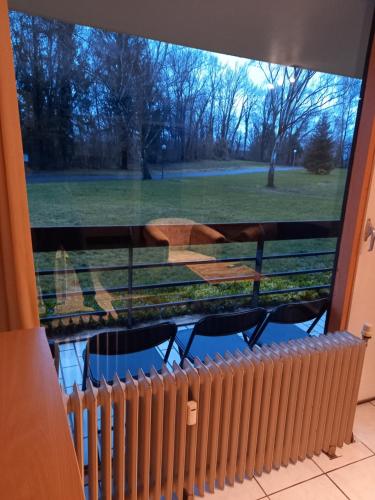 a window view of a picnic table and chairs on a porch at Ap4 Nature Ardennes Economy class apartment in La Calamine