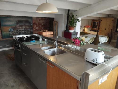 a kitchen with a sink and a toaster on a counter at La Fabriqueta Suite in Ríudecañas