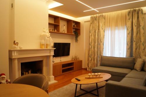 een woonkamer met een bank en een open haard bij Daphne Luxury Apartment in Kastoria