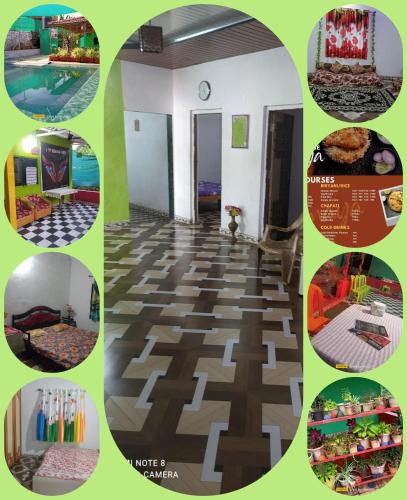 a collage of different pictures of a room at Kimaya farm house in Panvel