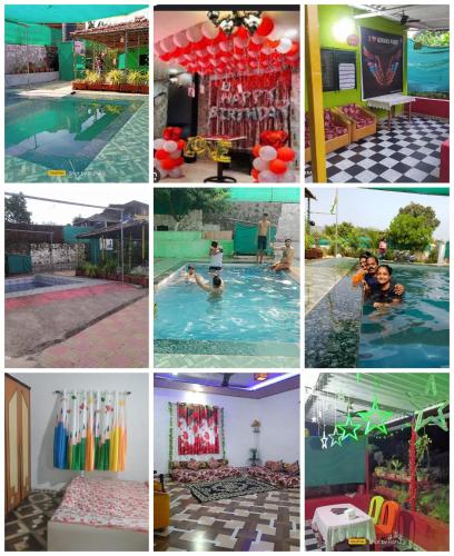 a collage of photos of a swimming pool at Kimaya farm house in Panvel
