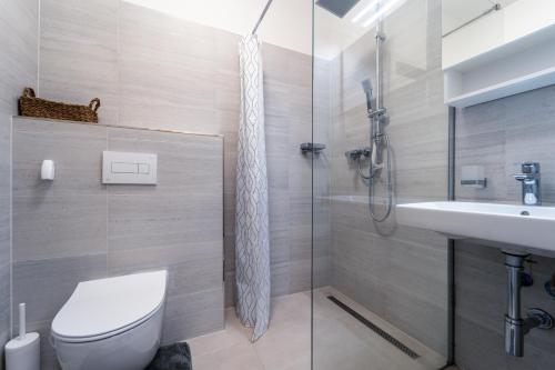 La salle de bains est pourvue d'une douche, de toilettes et d'un lavabo. dans l'établissement Mezonetový apartmán Pernink, à Pernink